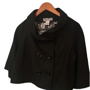 Steve Madden Black Cape Wool Blend Peacoat Crop Satin Owl Lined Double Breasted